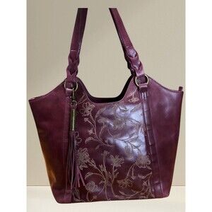 The Sak Sierra Shopper Bag Cabernet Red Floral Embossed Leather Boho Fringe Tote